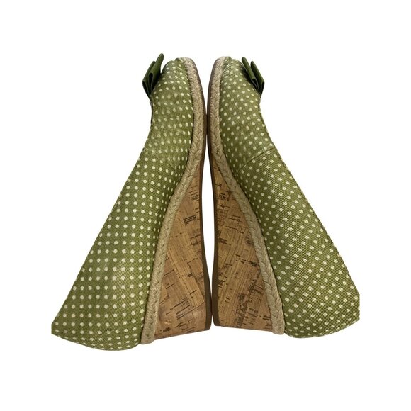 Etienne Aigner Size 7.5M Green Polka Dot Fabric Wedge Peep Toe cork heel Shoes - Picture 6 of 8